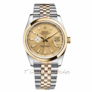 The water-resistant Rolex Datejust 36mm Steel and Yellow Gold watch (ref. 116203) is an officially certified COSC chronometer and comes in a round case made of 18k yellow gold and stainless steel. It measures 36 mm and is water-resistant to 100 meters. Inside the case is an automatic movement with a 48-hour power reserve. The gold dial displays the hours, minutes, seconds, and date. The watch is paired with an 18k yellow gold and stainless steel bracelet. The water-resistant Rolex Datejust 36mm Steel and Yellow Gold watch (ref. 116203) is an officially certified COSC chronometer and comes in a round case made of 18k yellow gold and stainless steel. It measures 36 mm and is water-resistant to 100 meters. Inside the case is an automatic movement with a 48-hour power reserve. The gold dial displays the hours, minutes, seconds, and date. The watch is paired with an 18k yellow gold and stainless steel bracelet.